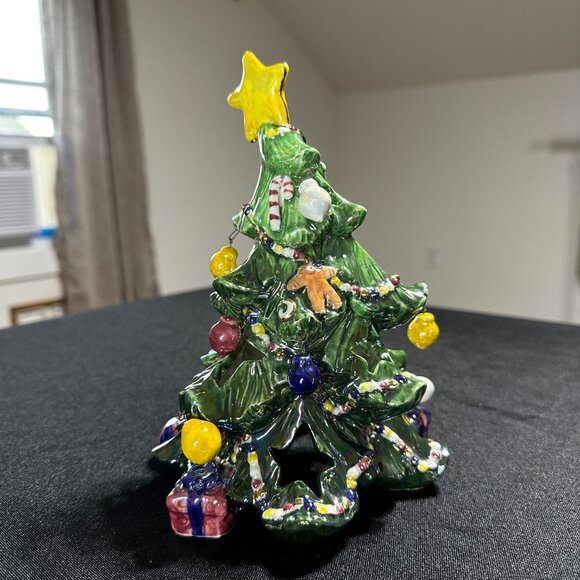 Vtg 7.5" Ceramic Iridescent Christmas Tree Tea Light Cutouts - Picture 2 of 3
